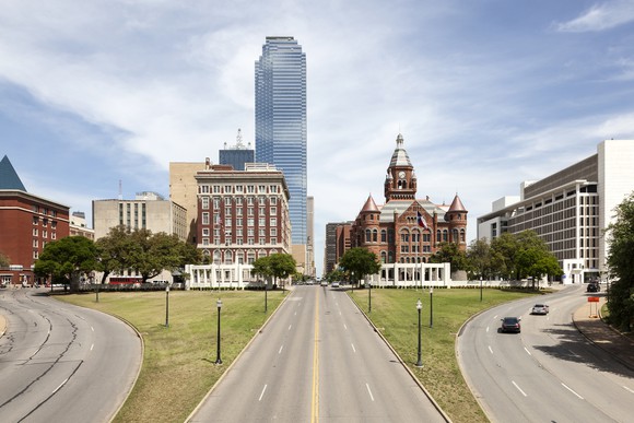 Bank of America Plaza overlooks Dealy Plaza in Dallas, Texas.
