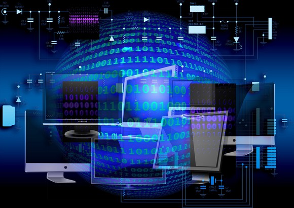 Overlaid image of computer monitor, binary code, and computer circuits signifying artificial intelligence.