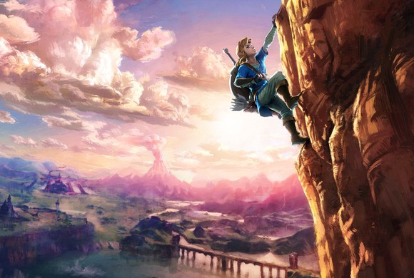 Link from "The Legend of Zelda" climbing a cliff.