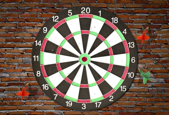 Thrown darts badly miss the dartboard.
