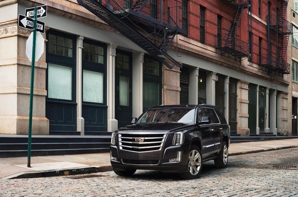 A 2017 Cadillac Escalade in black.