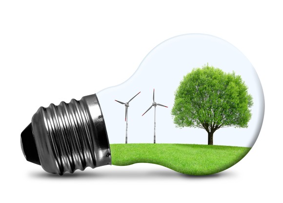 A light bulb with wind turbines and a tree inside.