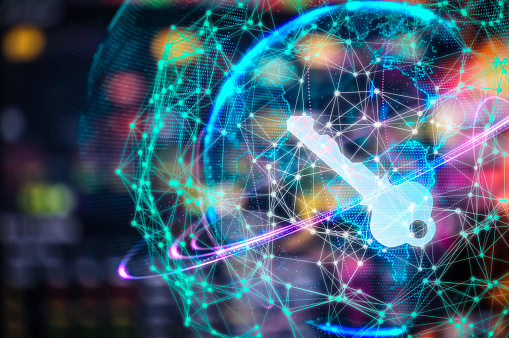 Futuristic picture of a key inside a digital orb.