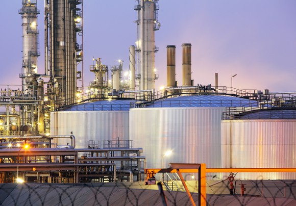 Oil storage tanks at night.