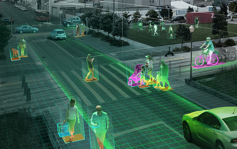 Artist's rendering of self-driving car detecting surrounding pedestrians.