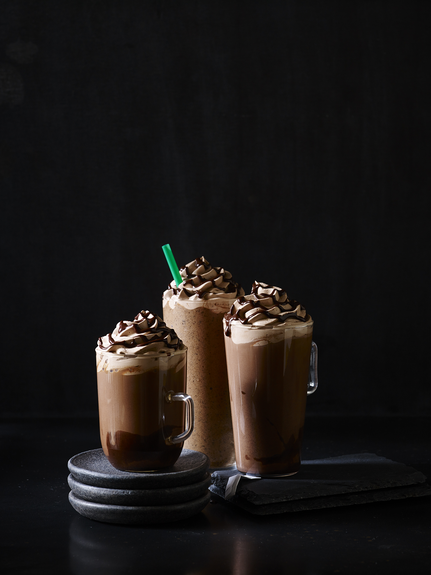 Three chocolate coffee drinks from Starbucks.