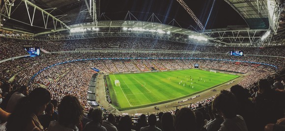 Soccer stadium at night.
