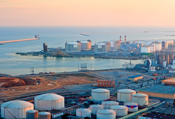 LNG storage tanks at sunset.