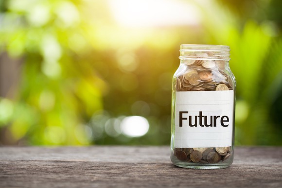 Jar full of coins, which is labeled "Future."