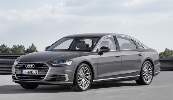 A 2018 Audi A8 sedan in silver.