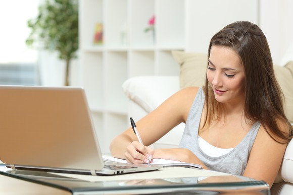 long woman student studying