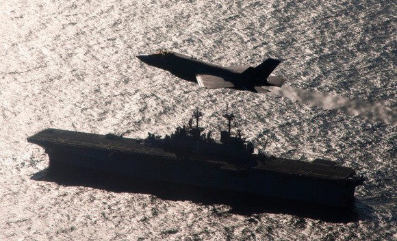 F-35 overflying aircraft carrier