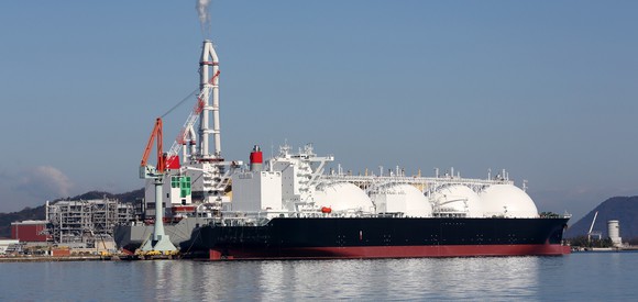 A seaborne shipping vessel carrying liquefied petroleum