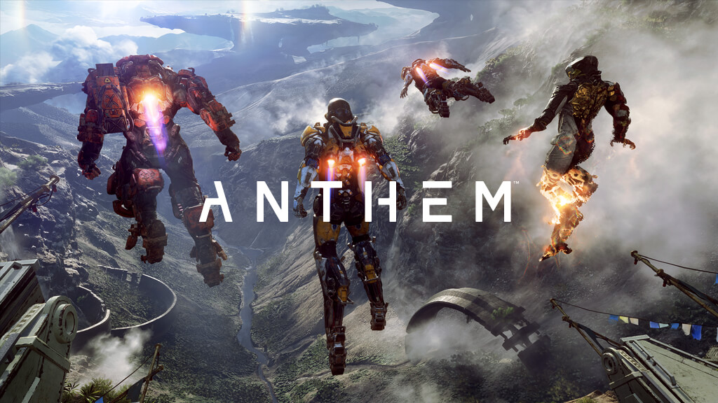 Four characters flying using jetpacks from EA's upcoming game "Anthem".