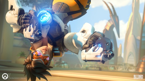 The character Tracer holding guns from Activision Blizzard's "Overwatch".