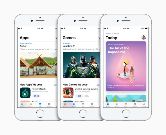 Three Apple iPhones displaying different parts of Apple's app store.