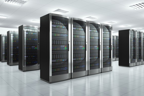 Data-center floor with several rows of server racks