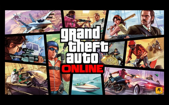 Collage of game art from Grand Theft Auto depicting various characters holding weapons while engaging in various action-oriented activities.