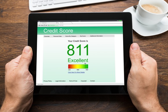 Credit score of 811 being displayed on a tablet screen