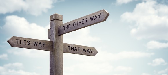Crossroad signpost saying this way, that way, the other way.