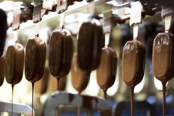 Magnum ice cream bars during production.