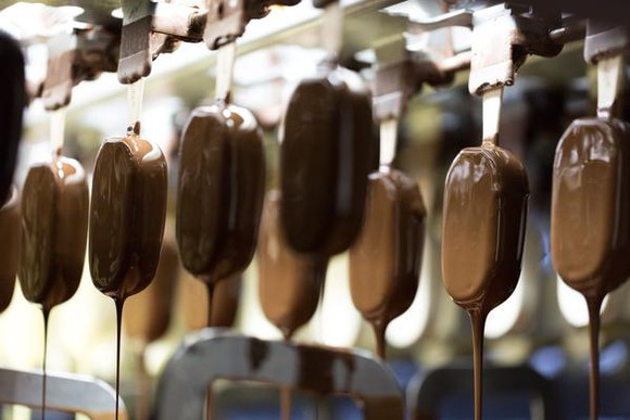 Magnum ice cream bars during production.