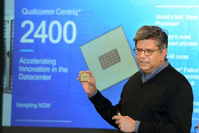A Qualcomm exec holding a sample of the Centriq 2400 processor.