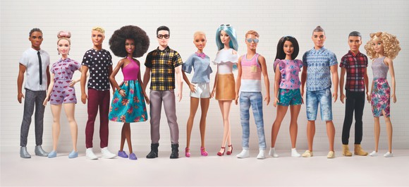 12 dolls representing a diverse segment of the population with a variety body types, hairstyles, and attire.