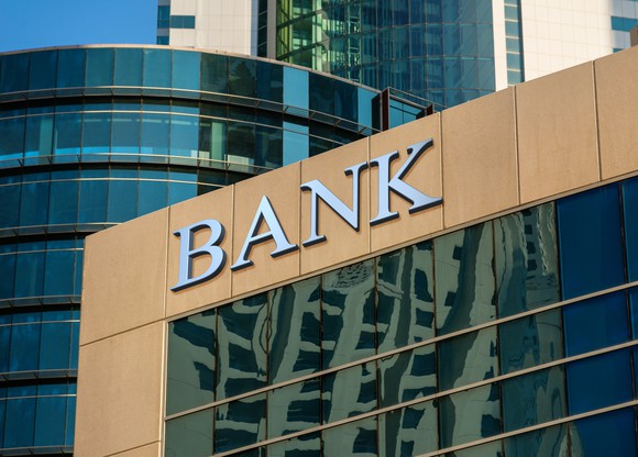 An urban building with "BANK" written on it