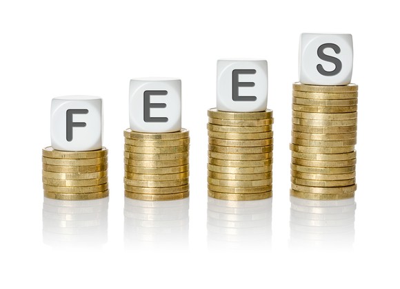 Stacks of coins with the word "fees" spelled out on blocks