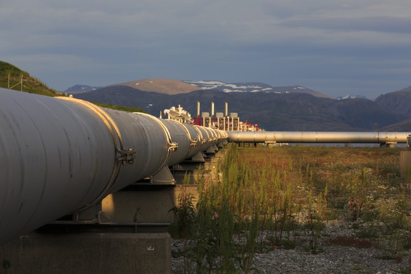 A oil pipeline in the mountains.