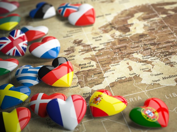 Map of Europe with heart-shaped flags