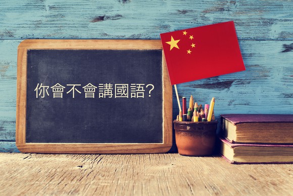 A chalkboard with Chinese characters written on it next to a Chinese flag.