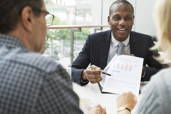 Couple talking to financial advisor