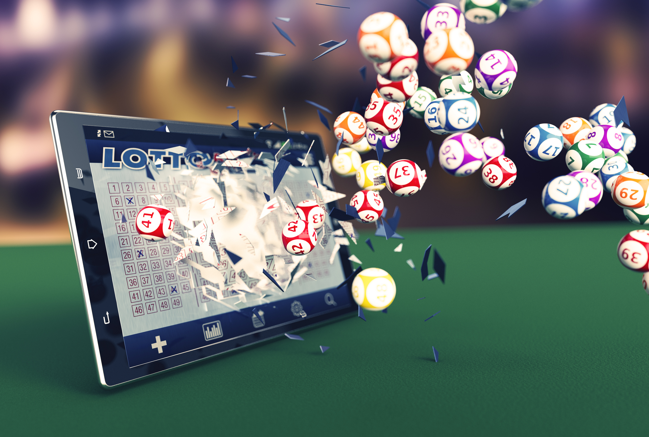 Rendering of lottery balls coming out of a tablet computer.