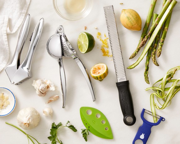 Various ingredients and kitchen tools from Blue Apron