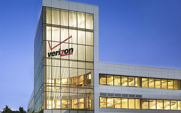Verizon logo in building.