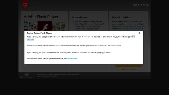The Adobe Flash web page displays a prompt to enable Flash Player.