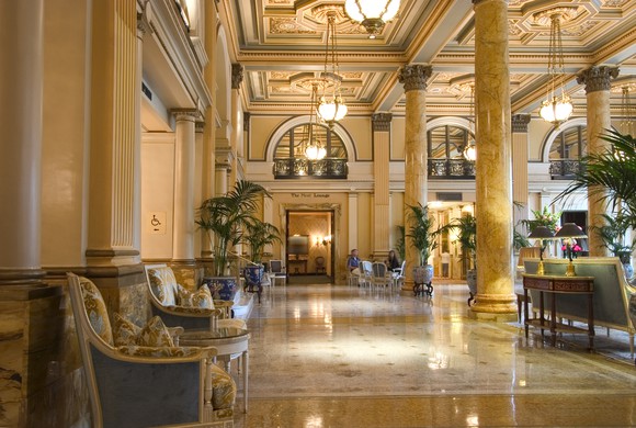 Entrance lobby of a luxurious hotel.