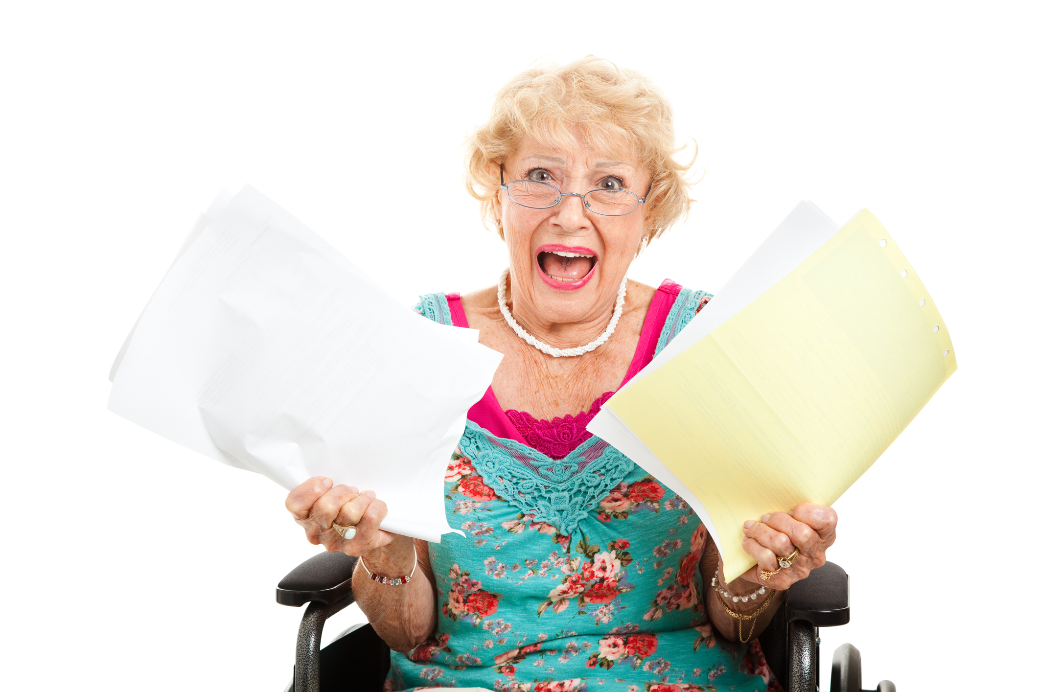 older woman with papers in each hand, looking apalled