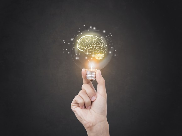 A light bulb with an electric brain inside.