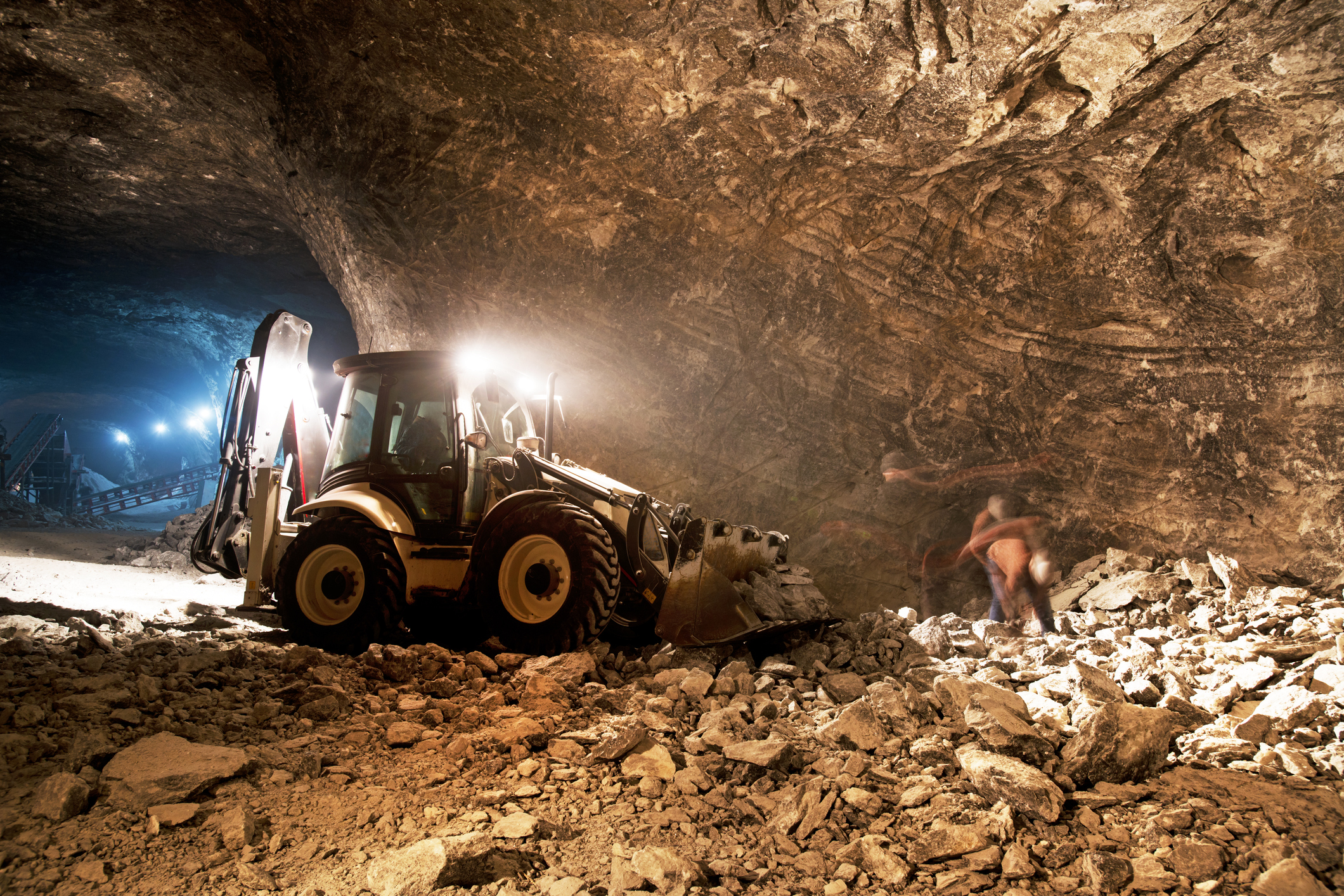 A bulldozer in an underground gold mine.