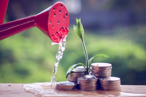 A pile of coins with a plant growing out of the center, and watering can pouring onto it.