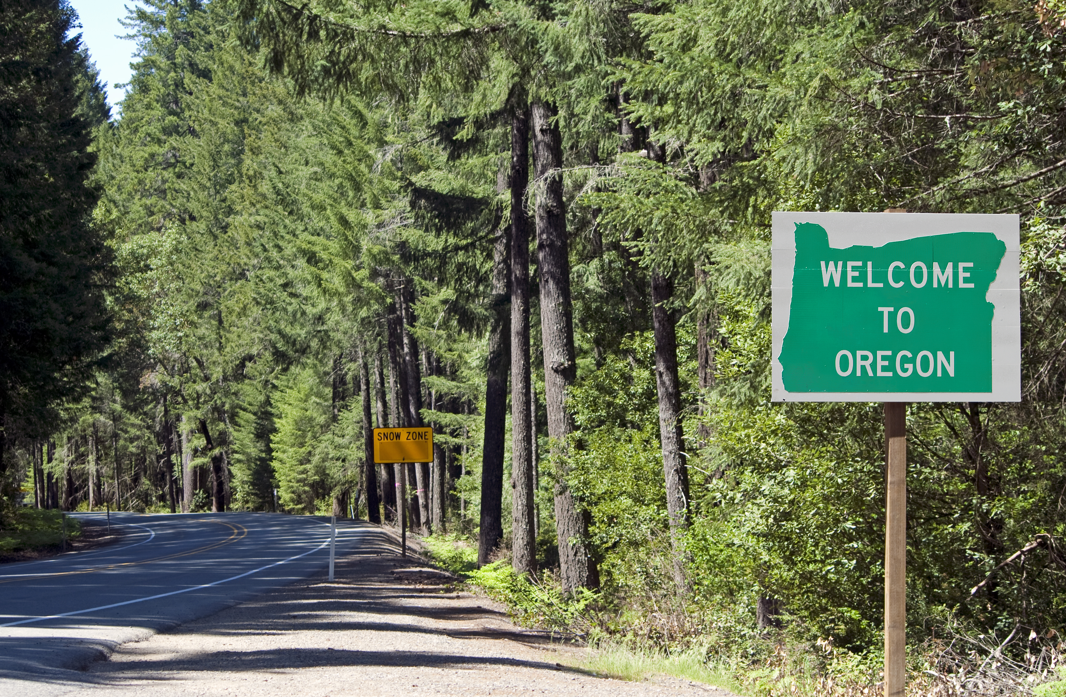 a road cutting through a forest, with a sign that says "welcome to Oregon"