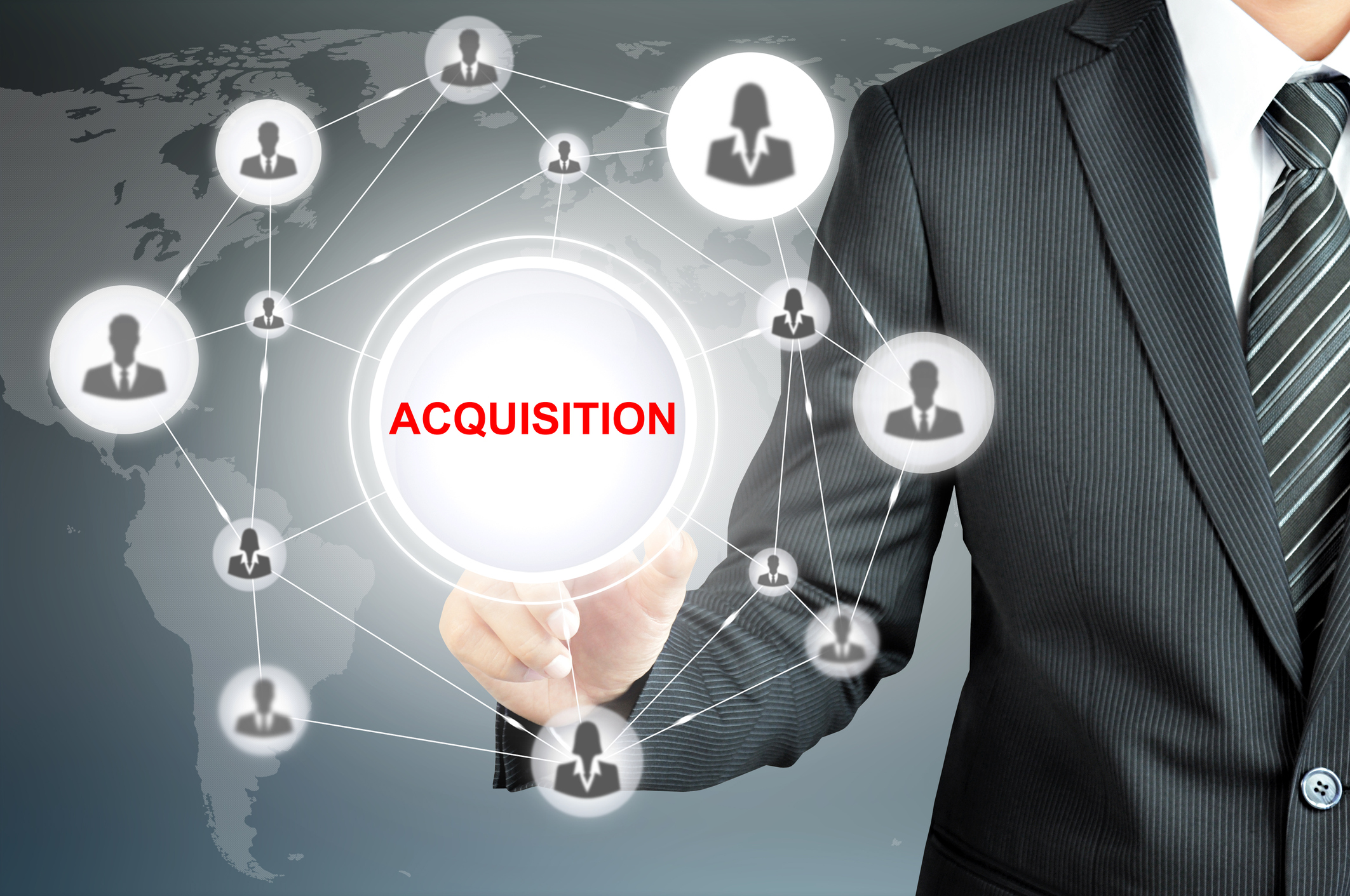 Man pointing to a circle labeled "ACQUISITION"