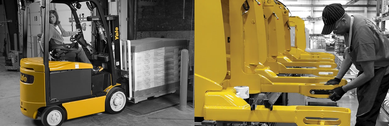 Hyster-Yale lift truck in action, and a row of lift trucks with a worker doing repairs.