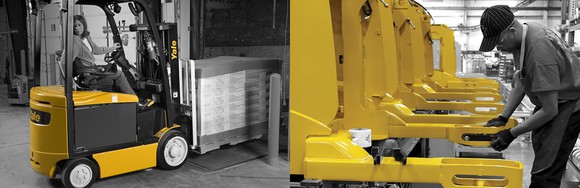 Hyster-Yale lift truck in action, and a row of lift trucks with a worker doing repairs.