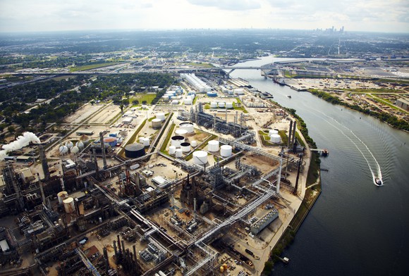 Overhead view of oil refinery and storage terminal