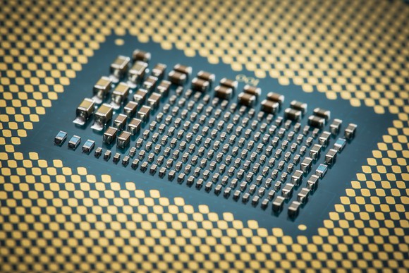 The rear side of an Intel Core X processor.