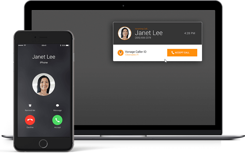 A Vonage incoming call displayed on a laptop and a smartphone.
